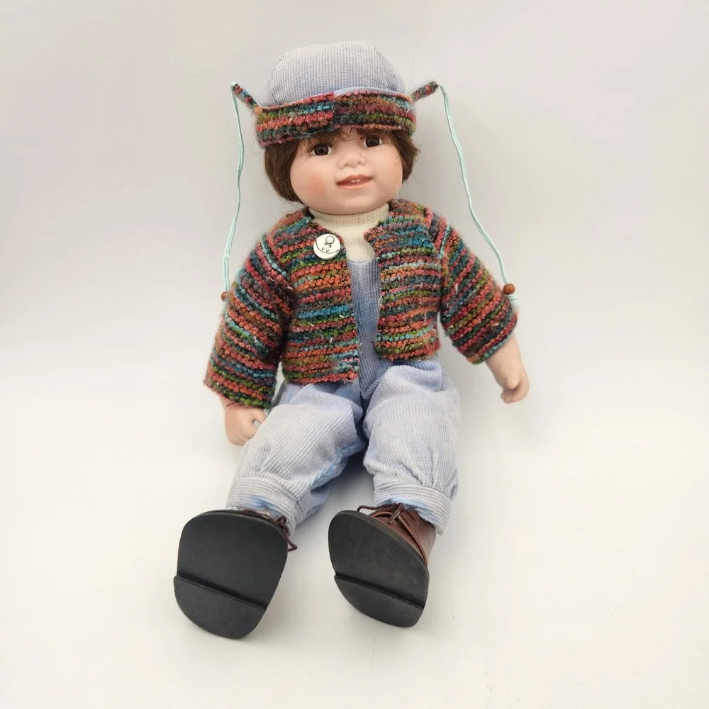 LPorcelain Boy Doll Knit Sweater‎ Blue Corduroy Overalls Brown Boots Hat